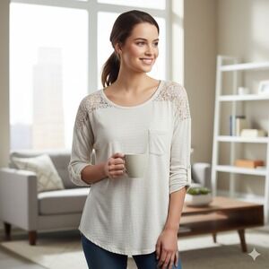 EXPRESS Lace Yoke Long Sleeve Shirt Ivory Cotton Modal Blend Pocket - Size‎ M